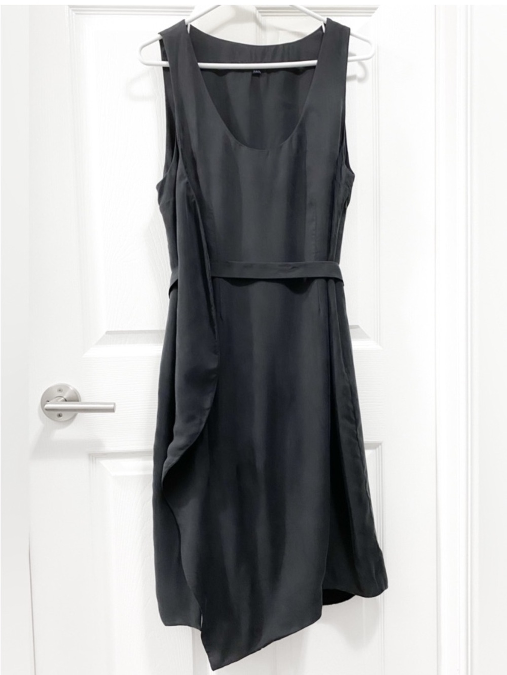French Connection Black Asymmetrical Ruffle-Accent Sleeveless Cupro Dress